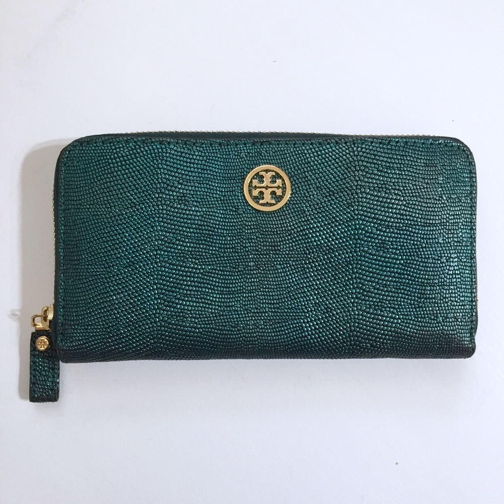 Tory Burch Aquamarine Textured Zip Wallet